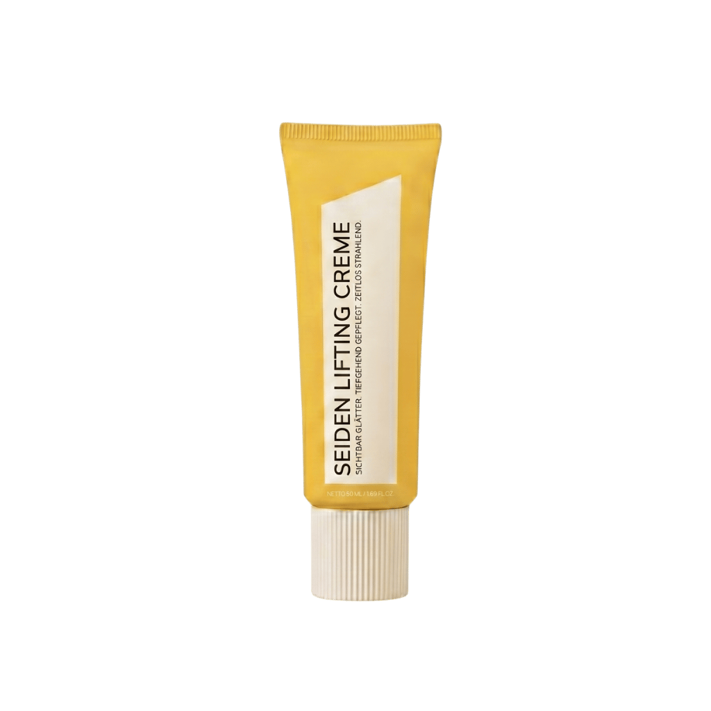 Seiden Lifting Creme in einer gelben Tube, ideal für tägliche Hautpflege zur Straffung und Glättung der Haut.