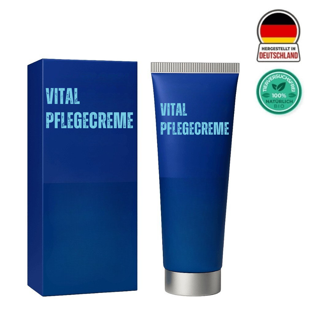 Vital Pflegecreme in blauer Verpackung mit Cremeröhre, entwickelt für intensive Hautpflege und Feuchtigkeit.