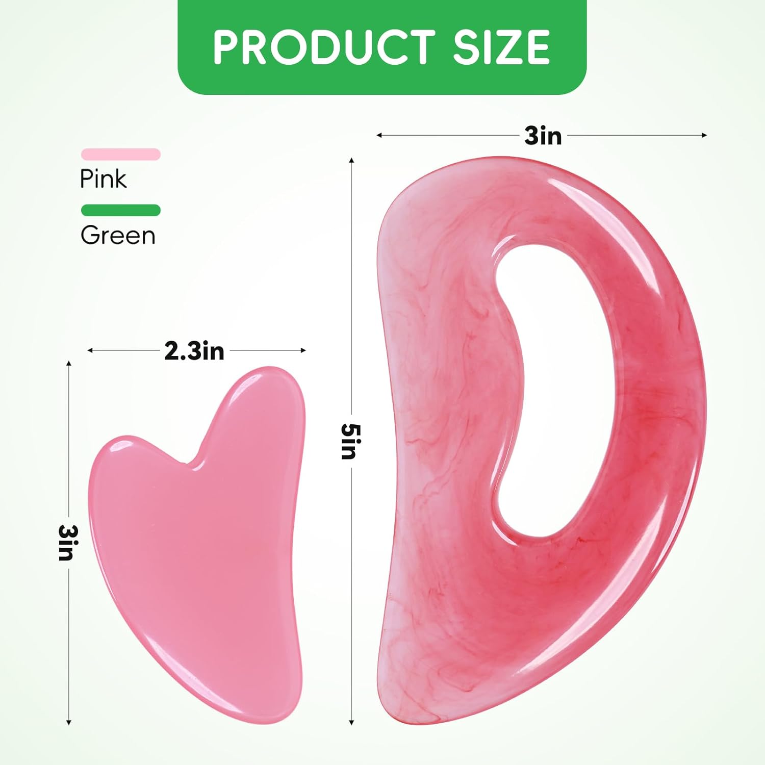 Medivita Holz-Massagewerkzeug für Gesicht & Körper in Pink und Green mit Größenangaben von 2.3in und 5in.