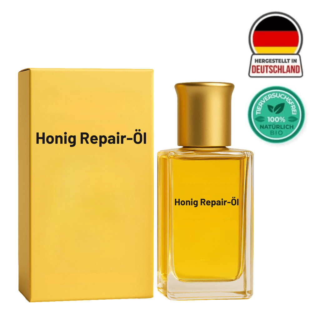 Honig Repair-Öl in einer eleganten Flasche mit goldener Verpackung, pflegt die Haut intensiv.