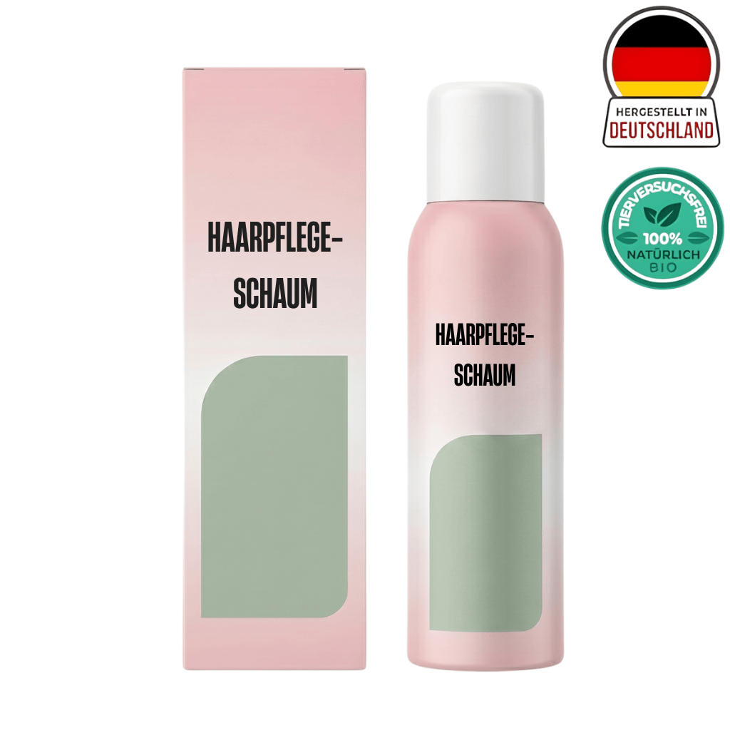 Haarpflege-Schaum Produktbild mit Verpackung, hergestellt in Deutschland, 100% natürlich und bio.