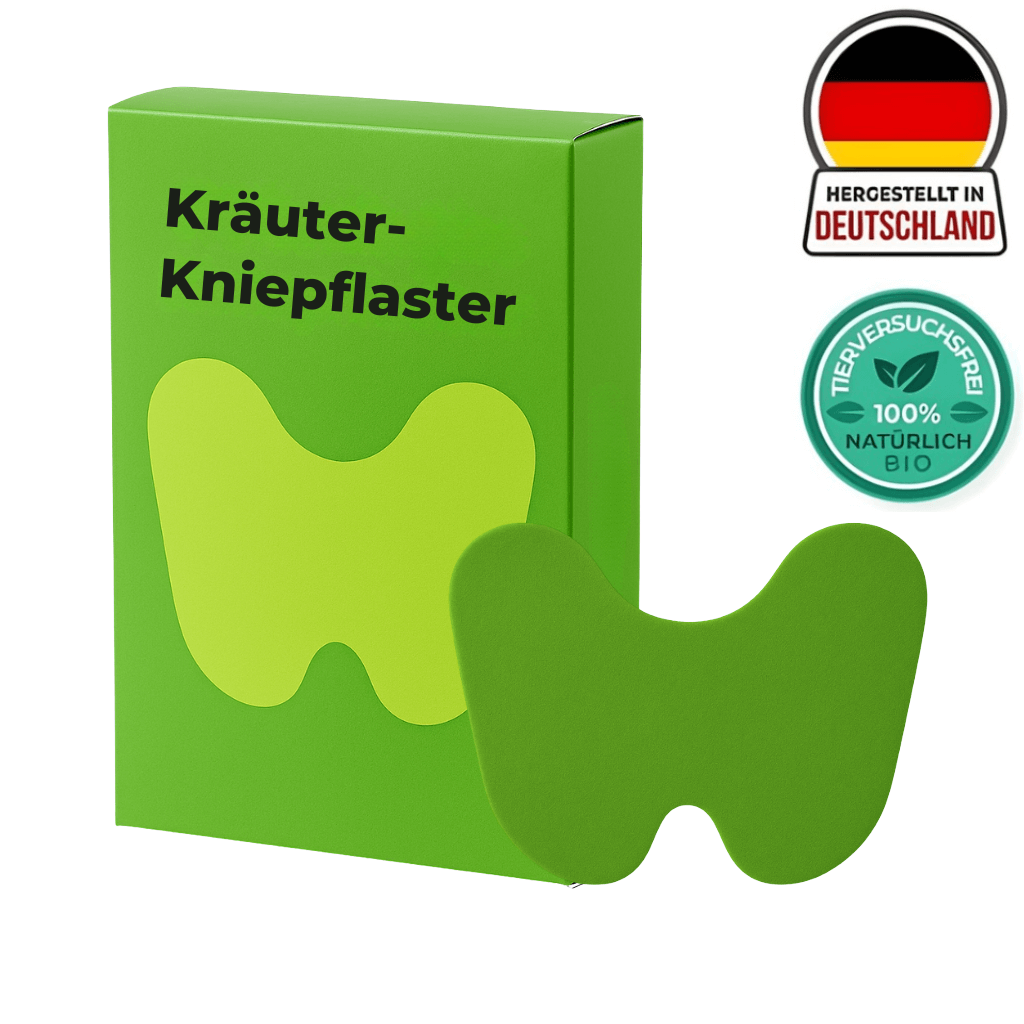Kräuter-Kniepflaster in grüner Verpackung mit einem Anwendungsbeispiel des pflanzlichen Hautpflegemittels.