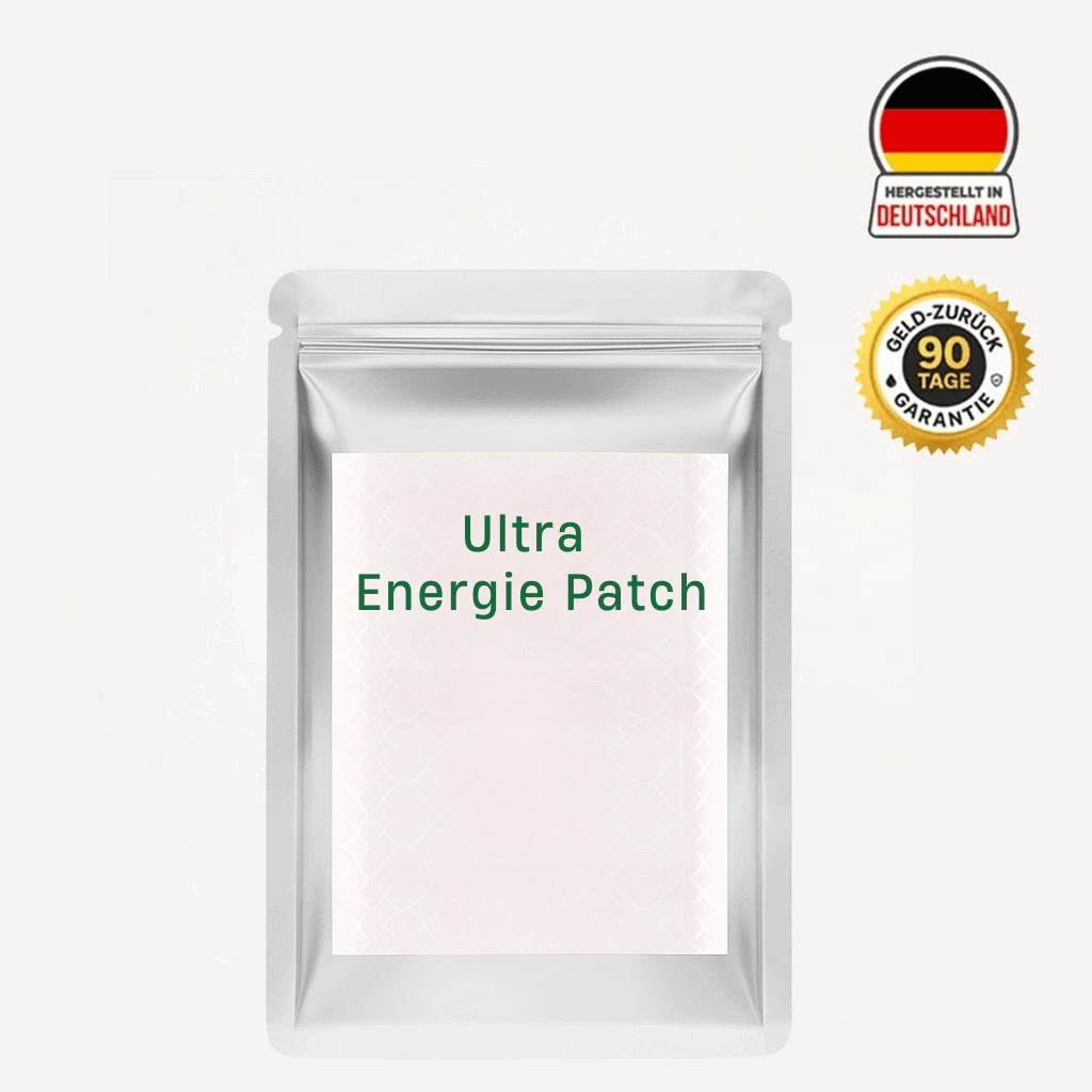 Verpackung des Ultra Energie Patch mit deutscher Herkunft, bequem für die Hautpflege und alltägliche Anwendung.