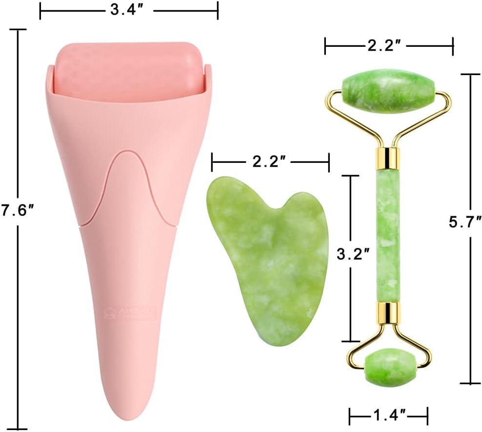 Medivita Gesichtsmassage-Roller set with jade stone tools, pink handle, dimensions labeled for skincare routine.