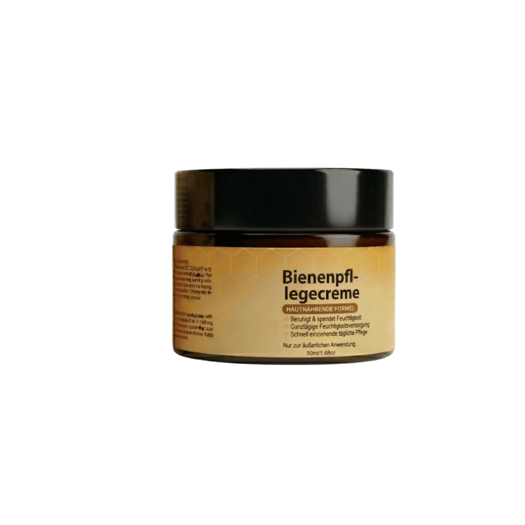 Bienenpflegecreme in einem Glasbehälter, entwickelt für eine glatte und ausgeglichene Hautpflege.
