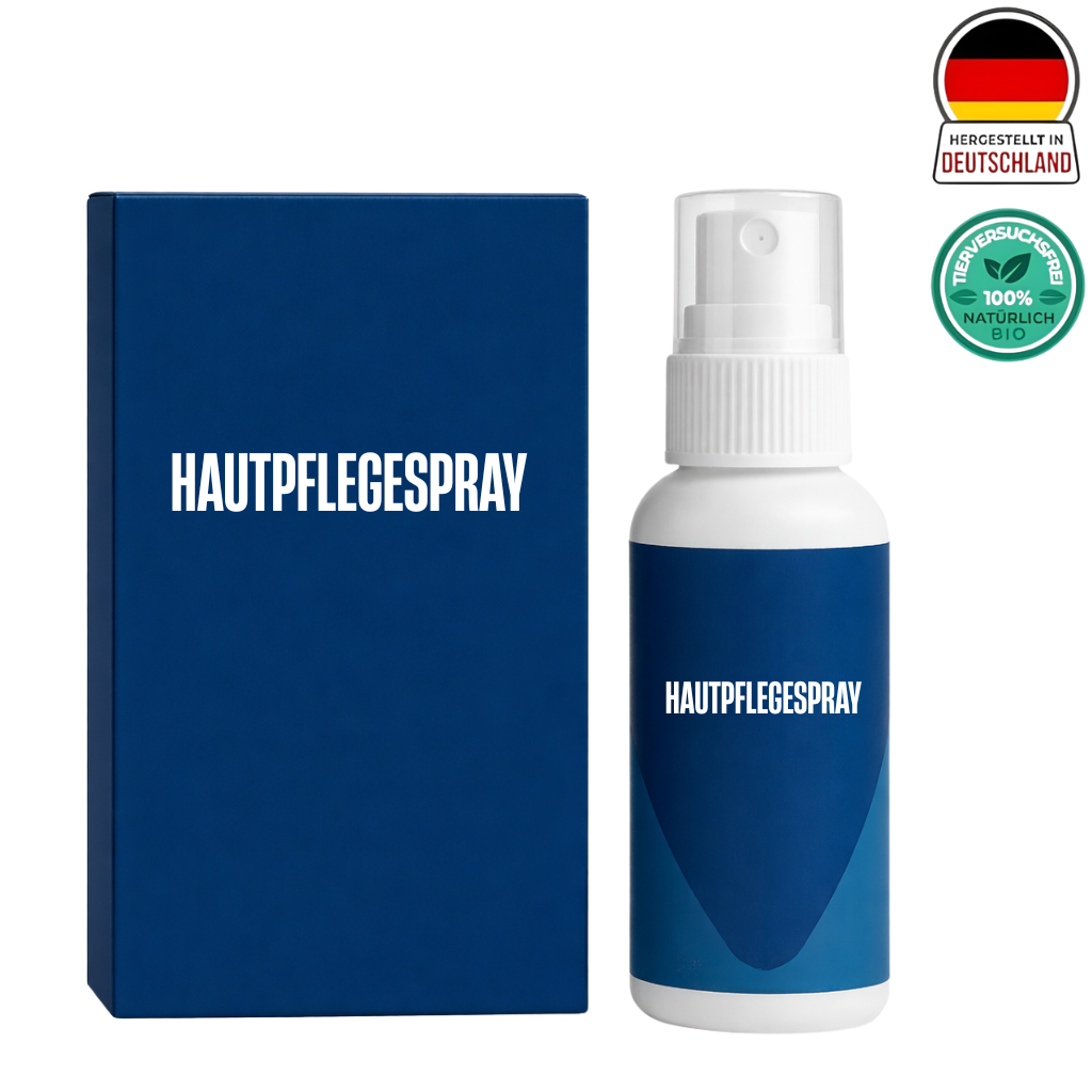 Hautpflegespray in einer blauen Verpackung, ideal für eine tägliche Hautpflegeroutine.