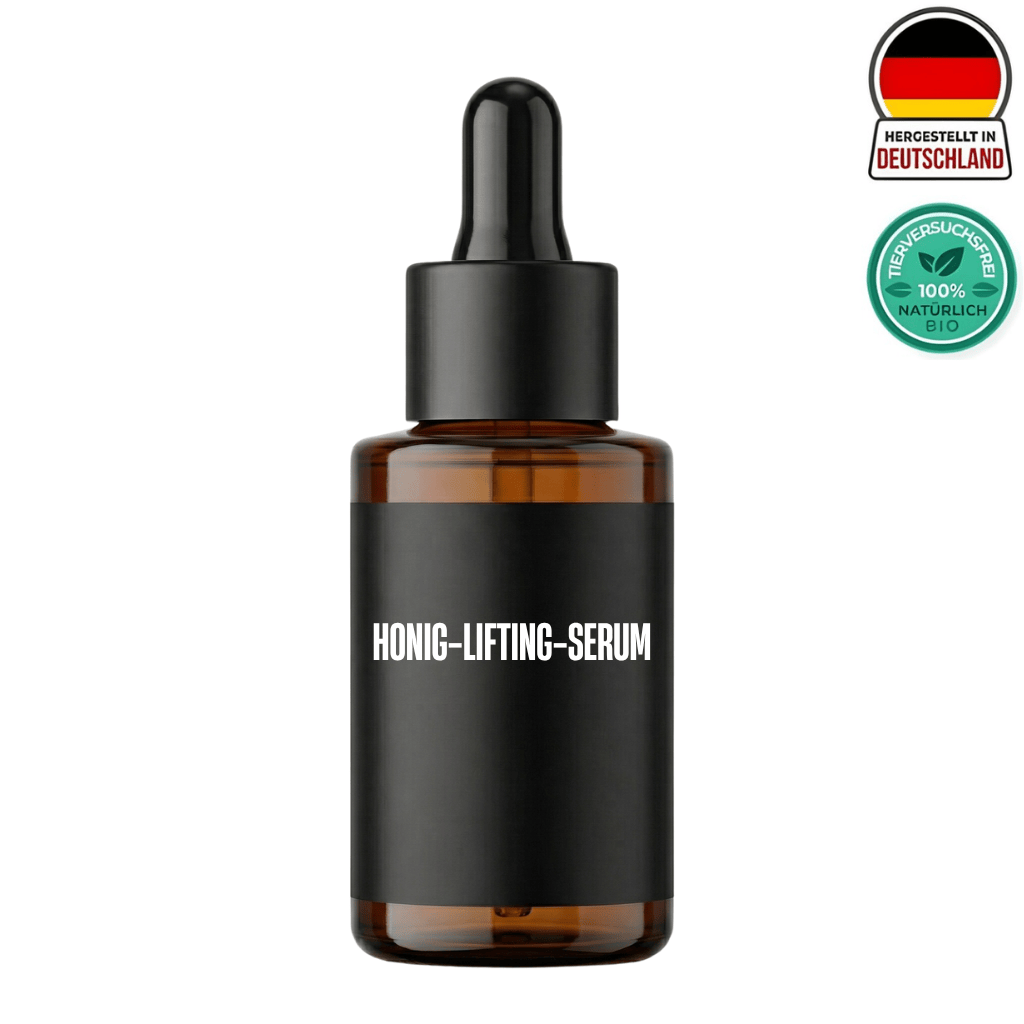 Honig-Lifting-Serum in braunem Glasfläschchen mit Tropfer für glatte und strahlende Hautpflege.