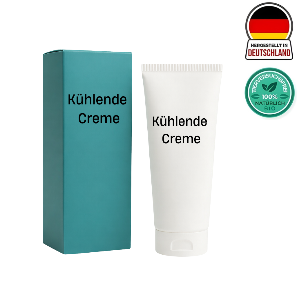 Kühlende Creme in einer Tube und Box, hergestellt in Deutschland, 100% natürliche Inhaltsstoffe.