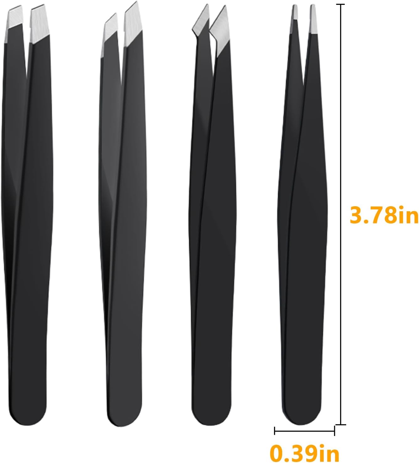 Medivita Edelstahl Pinzetten-Set: Vier schwarze Präzisionspinzetten in verschiedenen Spitzenformen, ideal für Detailarbeiten.