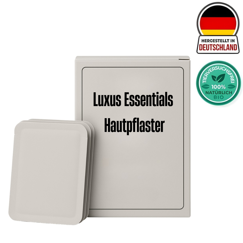 Luxus Essentials Hautpflaster Produktverpackung mit Bio-Siegel und Herkunftsangabe aus Deutschland.