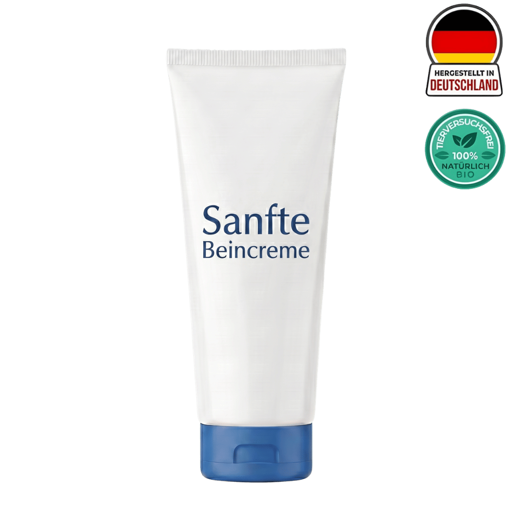 Sanfte Beincreme in einer weißen Tube, ideal für gepflegte und strahlende Beine.