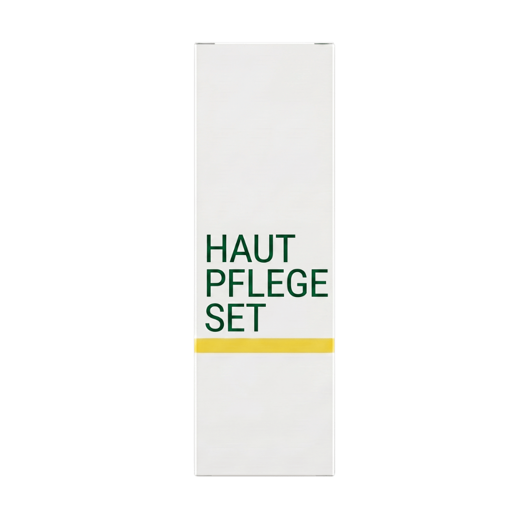 Hautpflegeset Verpackung mit grünem Text auf weißem Hintergrund für tägliche Hautpflege.
