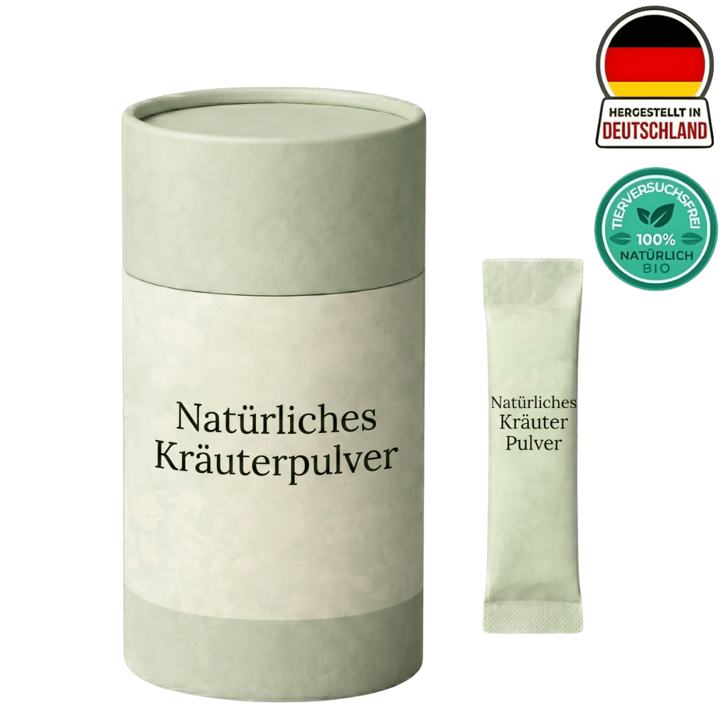 Natürliches Kräuterpulver Verpackung und Einzelportionsbeutel für eine natürliche Schönheitspflege.