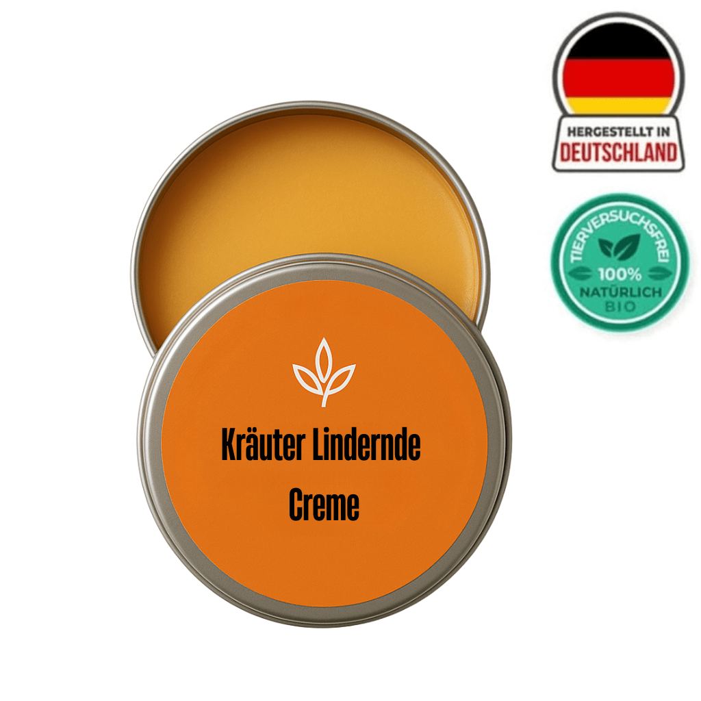 Kräuter-Lindernde Creme in einer geöffneten Dose, zeigt die cremige Textur und natürliche Inhaltsstoffe.