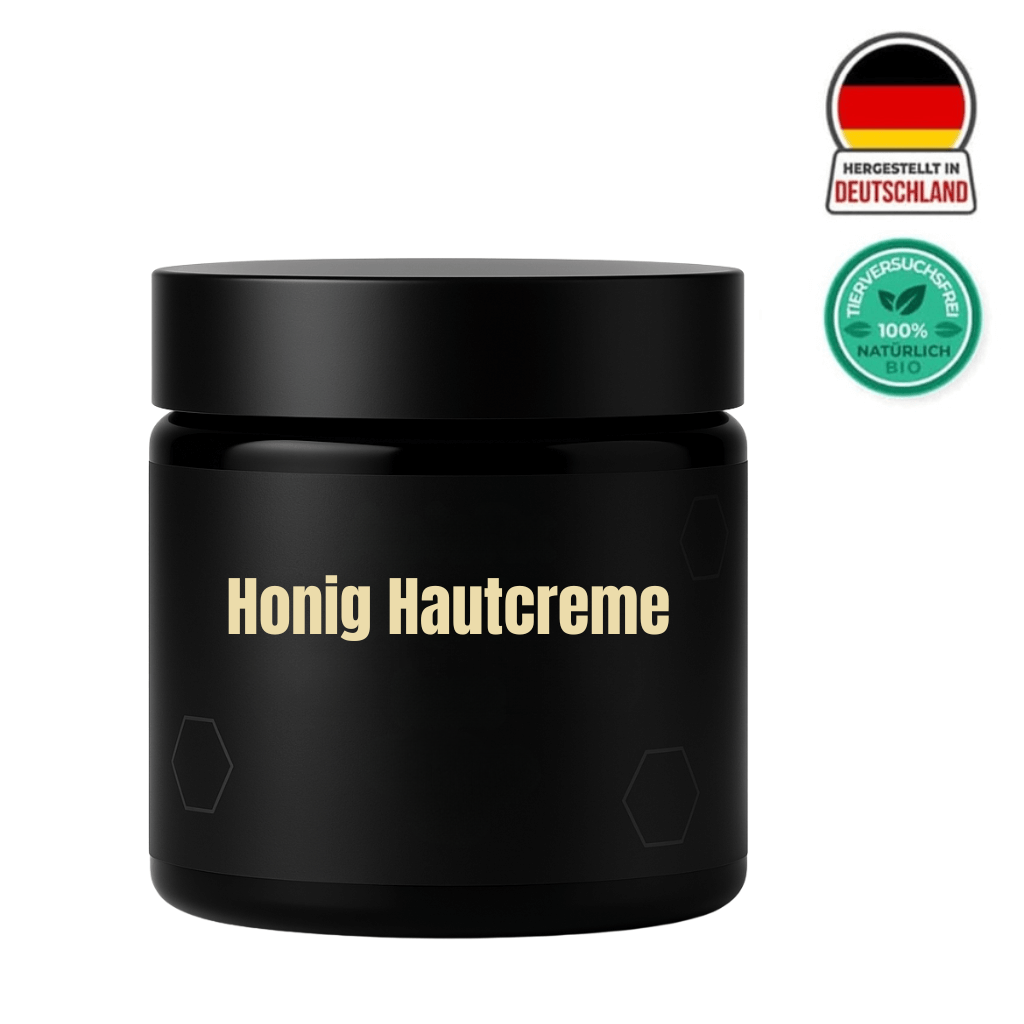 Honig Hautcreme in schwarzem Glasbehälter, hergestellt in Deutschland, für glatte und frische Haut.