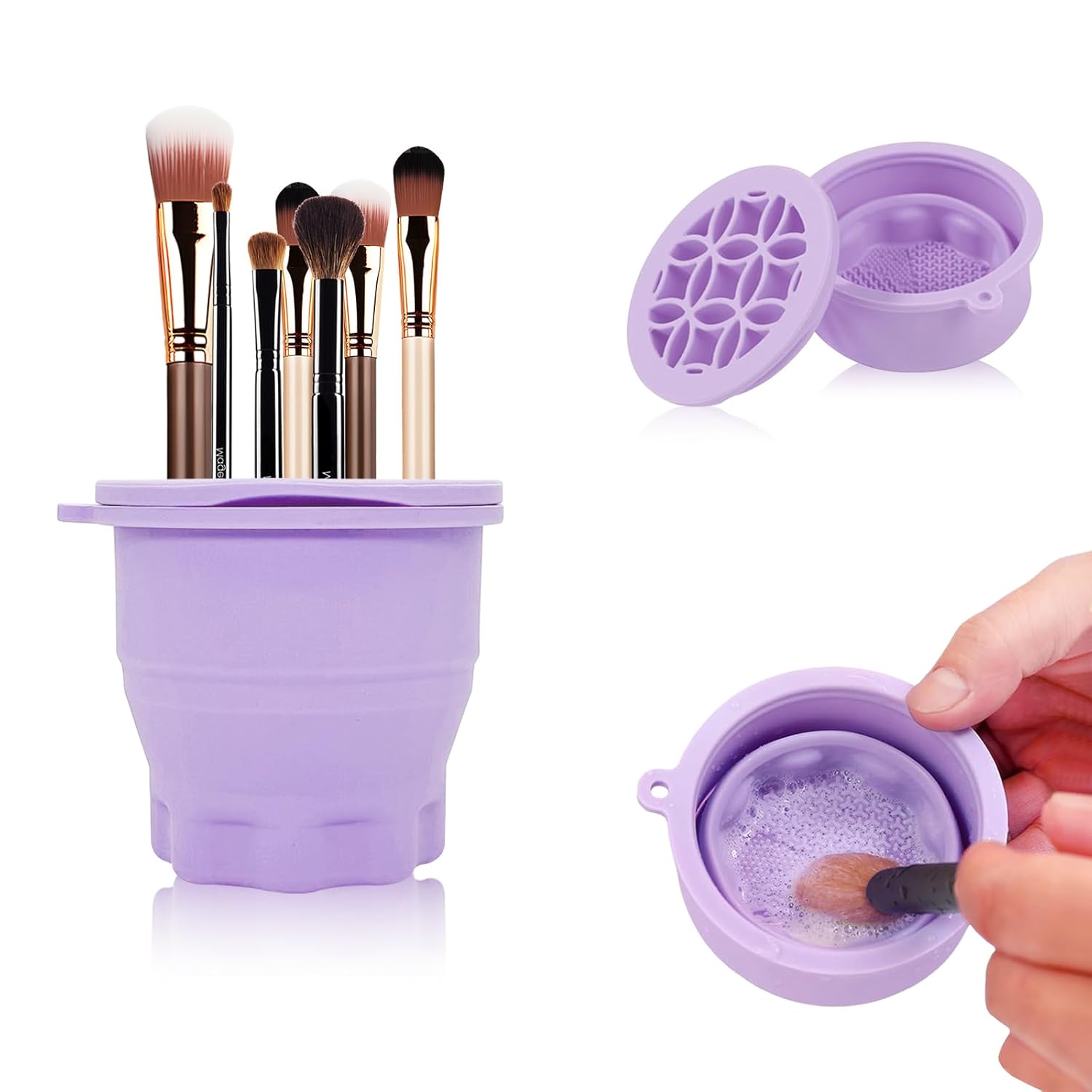 Medivita Faltbare Silikon-Pinselreinigungsmatte mit Organizer zum Reinigen von Make-up-Pinseln in einem lila Behälter.