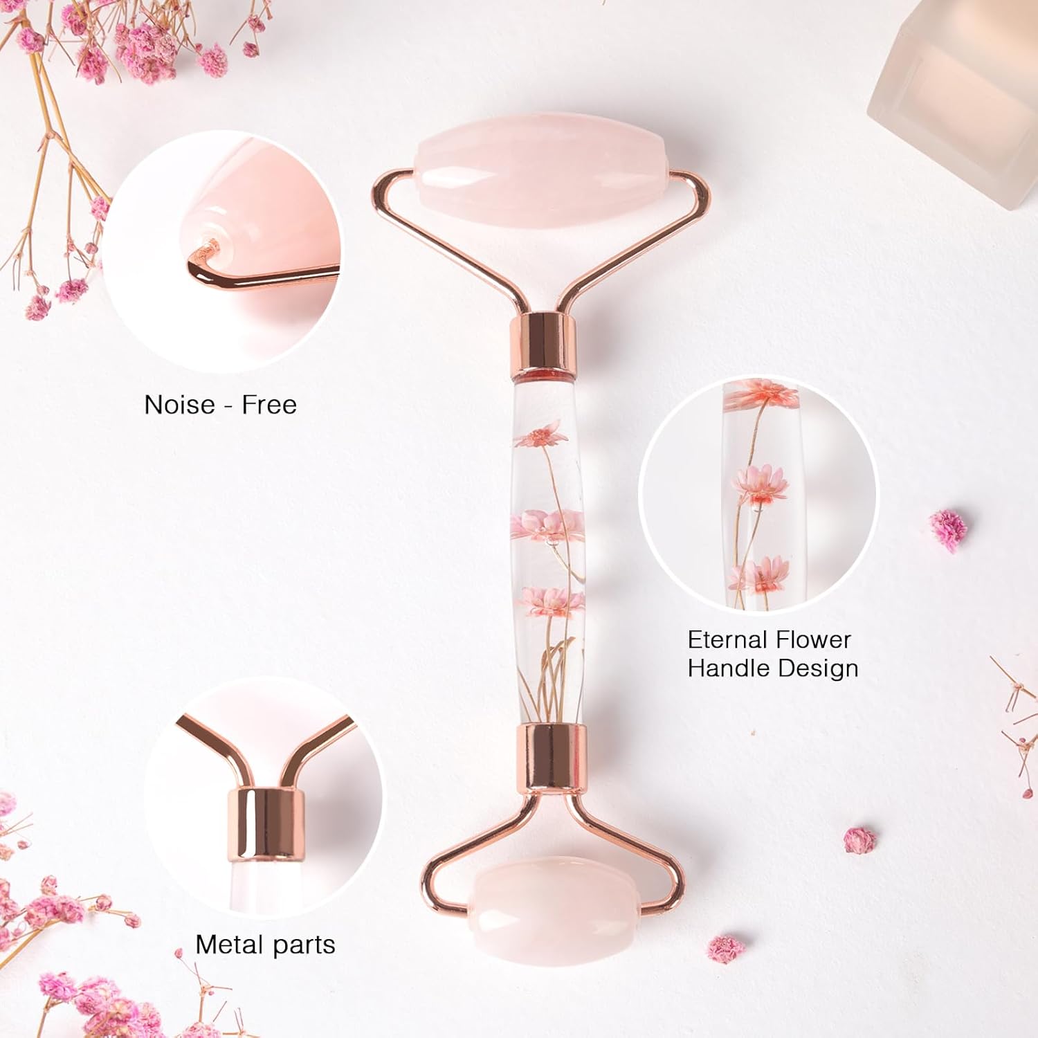 Medivita Gesichtsmassage-Roller aus Rosenquarz mit echtem Rosenquarz und langlebigem Metallrahmen.