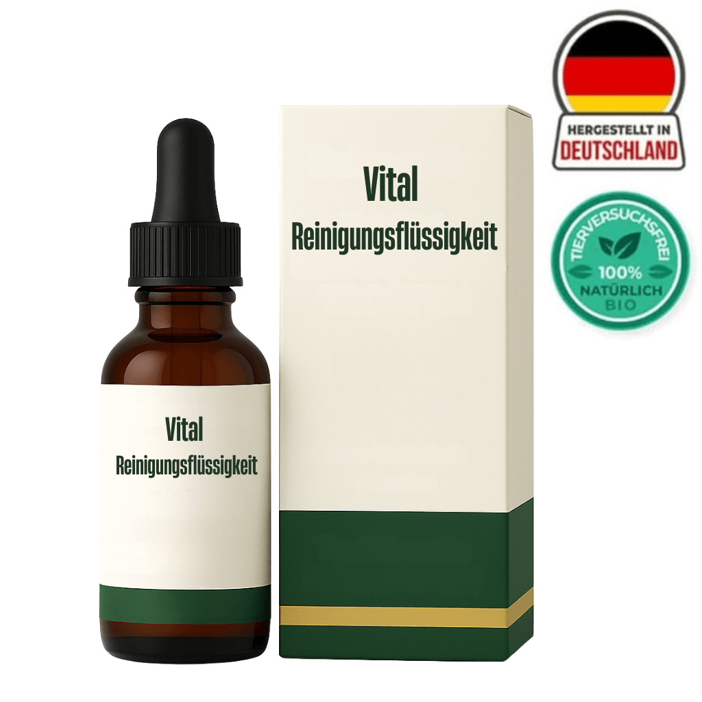 Vital-Reinigungsflüssigkeit in einer braunen Flasche mit Verpackung, hergestellt in Deutschland.