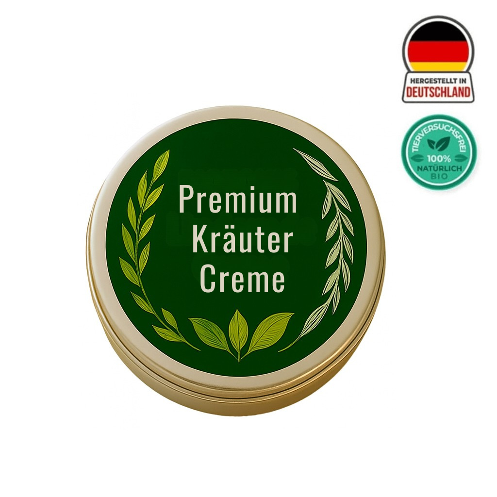 Premium Kräutercreme in einer grünen Dose mit Pflanzenmotiven und deutschen Bio-Siegel.