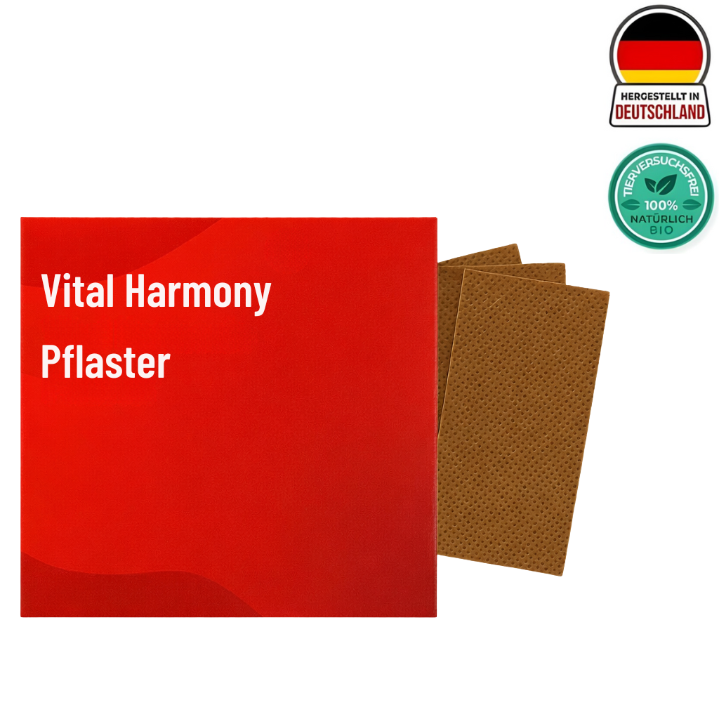 Vital Harmony Pflaster Packung mit zwei Pflastern für die tägliche Hautpflege in Rot und Braun.