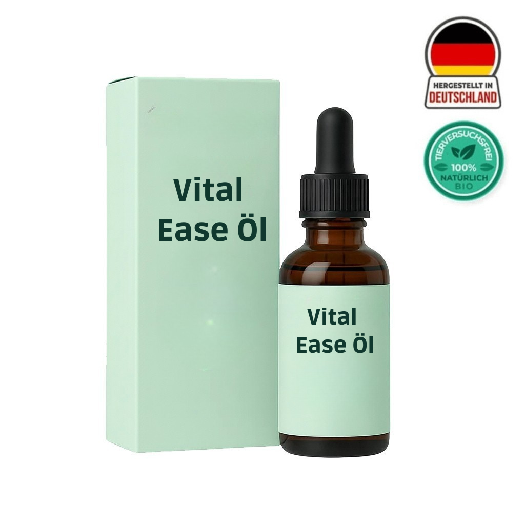 Vital Ease Öl Flasche und Verpackung, sanfte Pflege für die tägliche Hautanwendung, natürlich inspiriert.