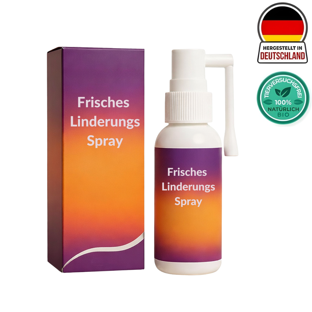 Frisches Linderungsspray in sprühflasche mit lila-orangefarbener verpackung und bio-zertifizierungssiegel.