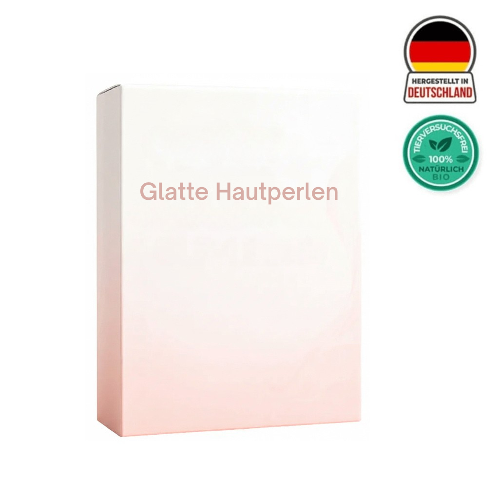 Verpackung von Glatte Hautperlen, einem Creme-Gel für die tägliche Hautpflege, hergestellt in Deutschland.