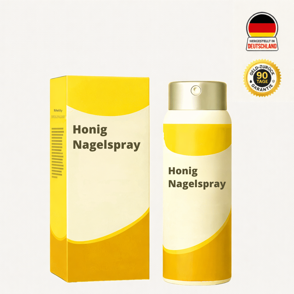Honig Nagelspray Verpackung und Sprayflasche in gelb mit klaren Schriftzügen.