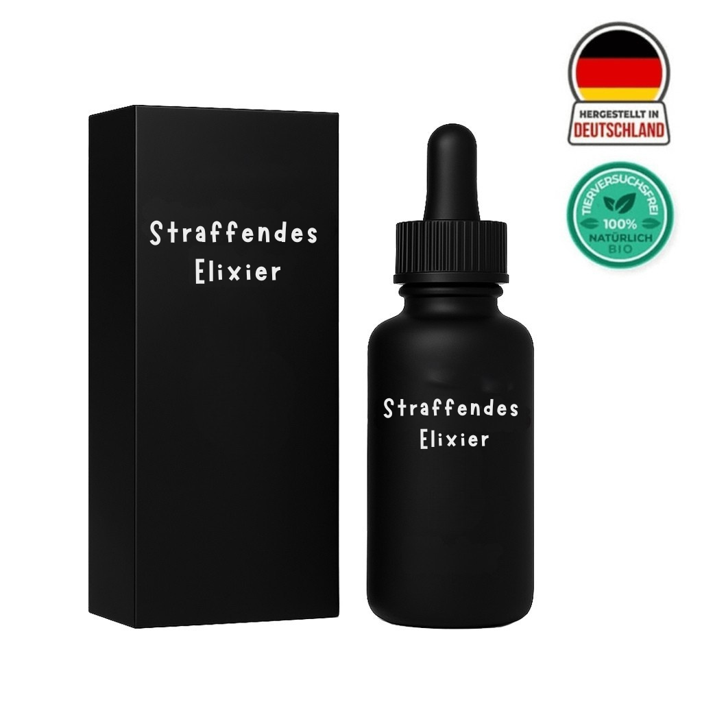 Straffendes Elixier in schwarzer Glasflasche und Verpackung für Hautpflegeprodukte.