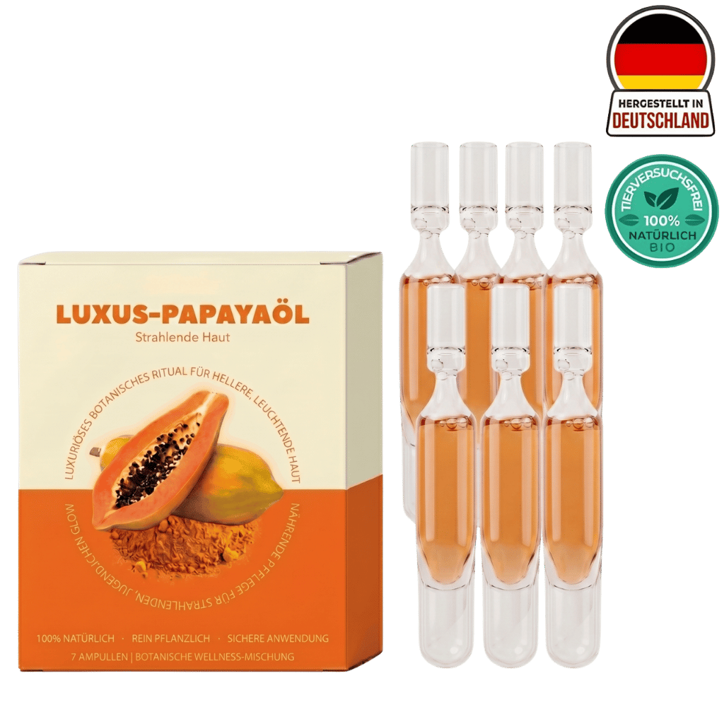 Premium-Papayaöl Verpackung mit 7 Ampullen für strahlende Haut. 100% natürlich und biologisch.