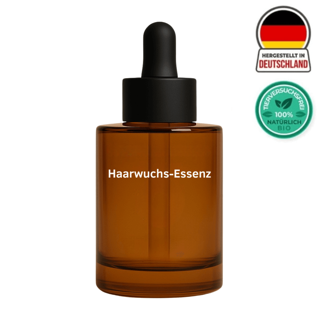 Haarwuchs-Essenz in einer braunen Glasflasche mit Pipette für gesundes, glänzendes Haar.