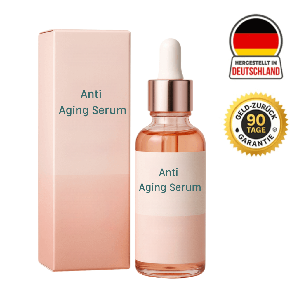 Anti Aging Serum in a glass bottle with dropper and box, designed for skincare and hydration.