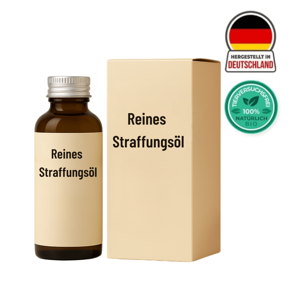 Reines Straffendes Öl in einem braunen Fläschchen mit Verpackung, zertifiziert und hergestellt in Deutschland.