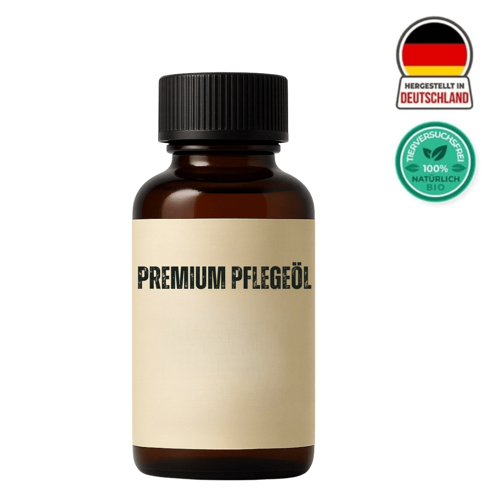 Flasche mit Premium Pflegeöl für seidig glatte Haut, hergestellt in Deutschland, 100% natürliche Inhaltsstoffe.