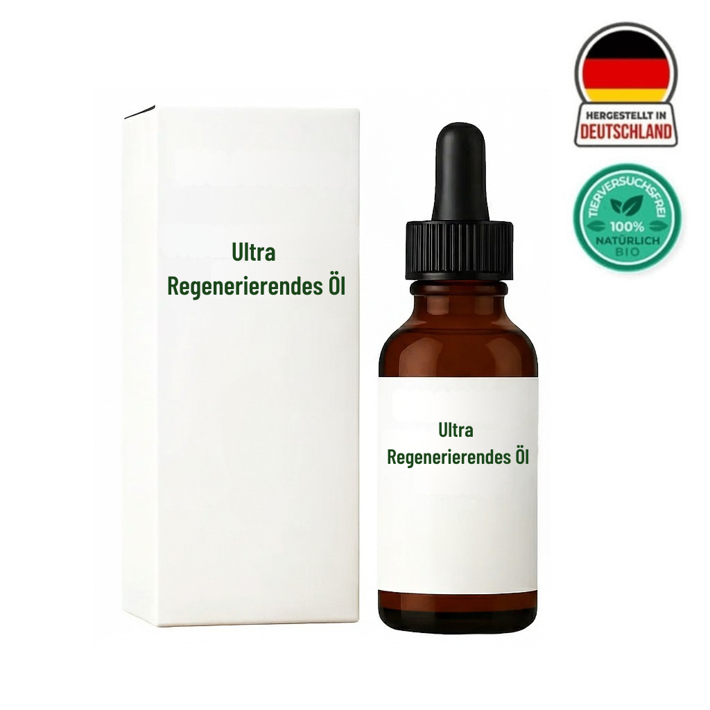Flasche und Verpackung von Ultra Regenerierendes Öl, einem leichten Pflegeöl für die tägliche Hautanwendung.