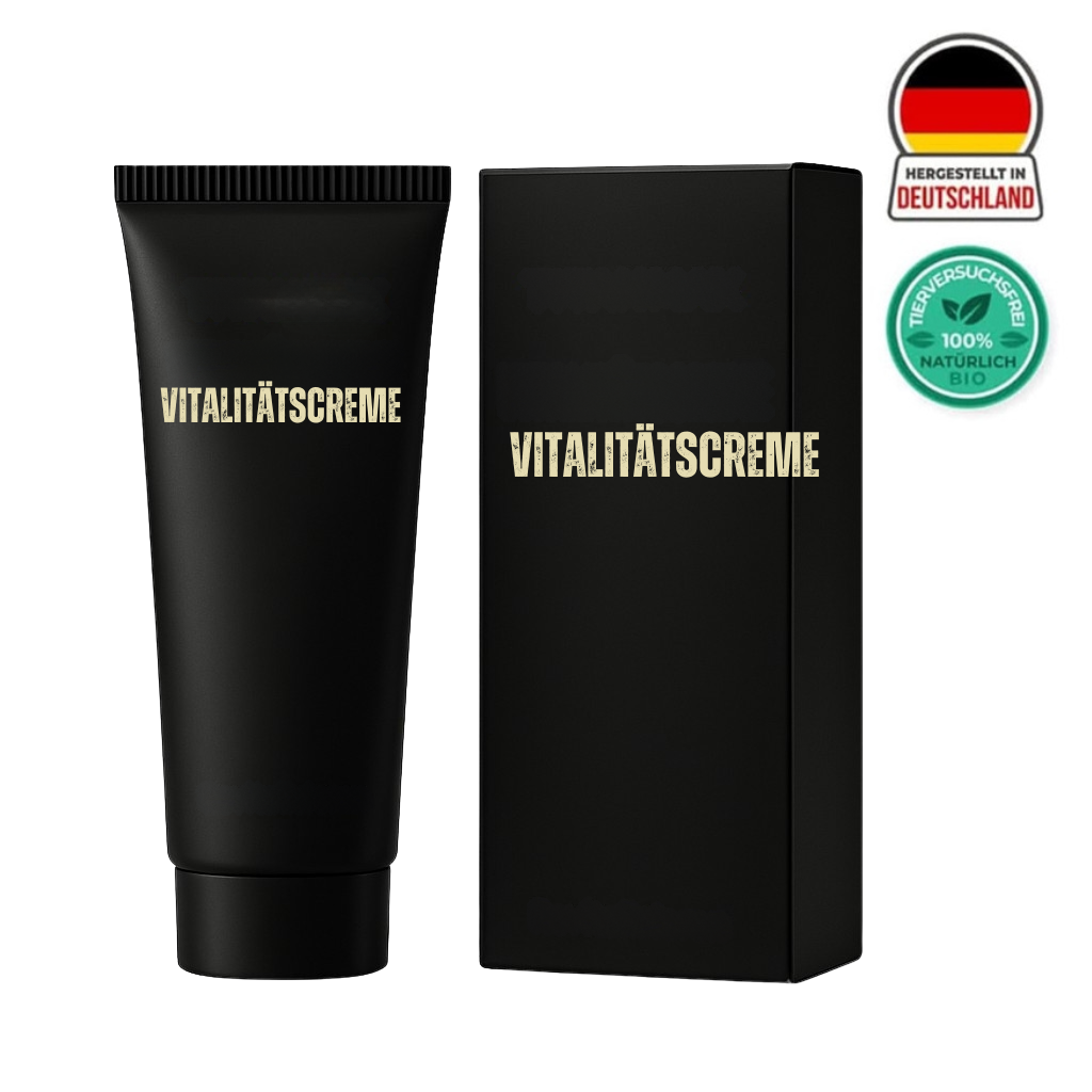 Vitalitätscreme in schwarzer Verpackung, hergestellt in Deutschland, für eine sanfte tägliche Hautpflege.