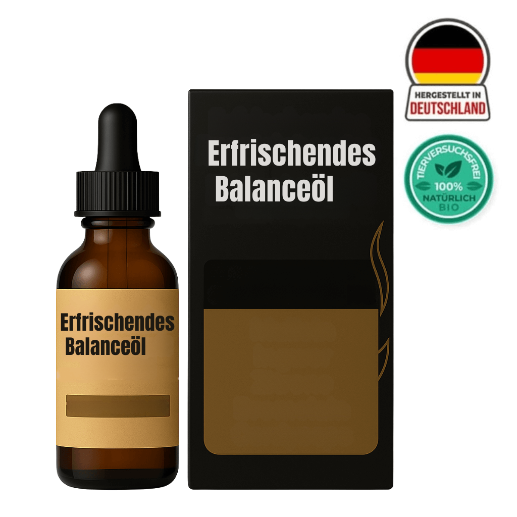 Flasche mit Erfrischendes Balanceöl und schwarzem Etikett, verpackt in einer ansprechenden Box.