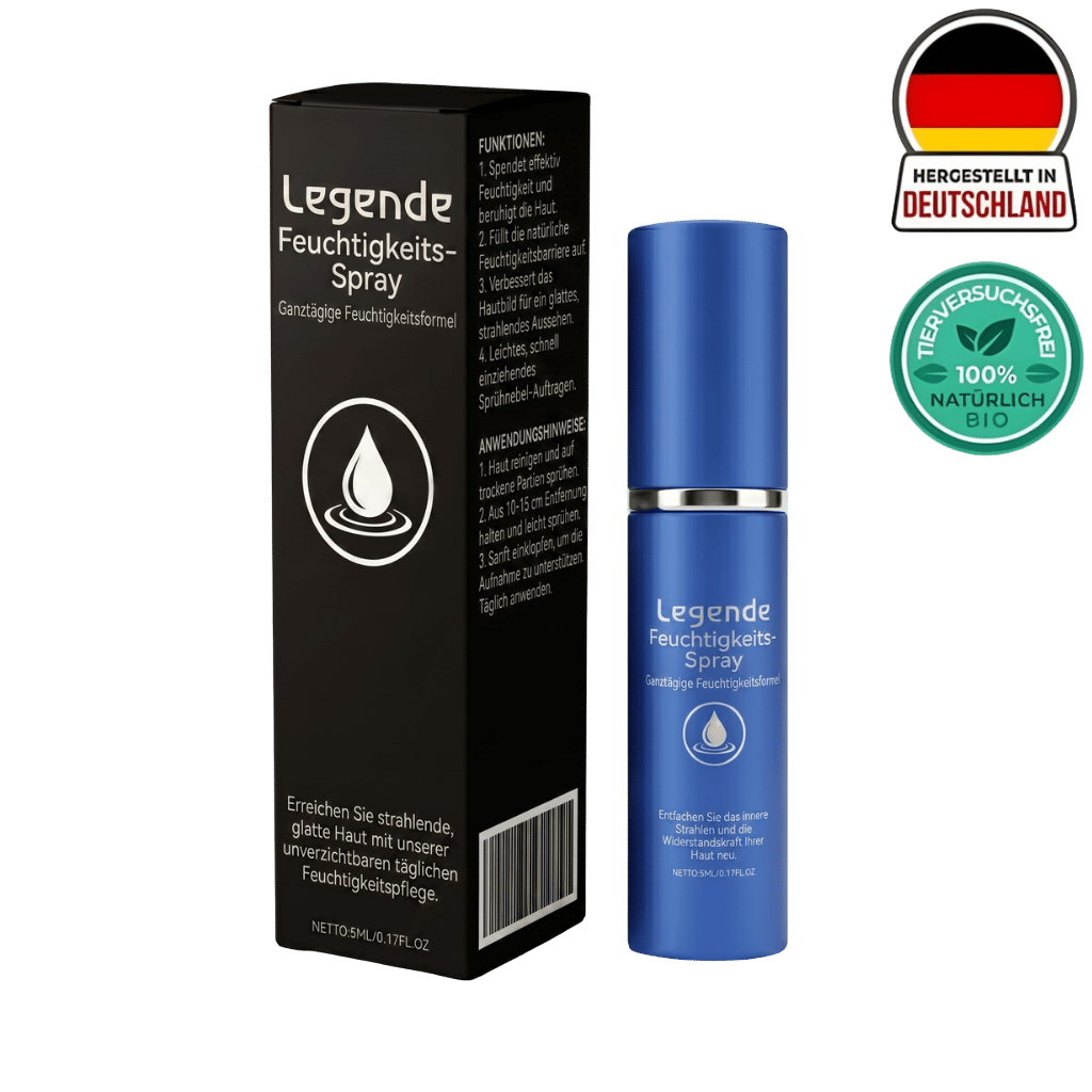 Legende Feuchtigkeitsspray in blauer Flasche, ideal für tägliche Hautpflege und Feuchtigkeitsspendung.