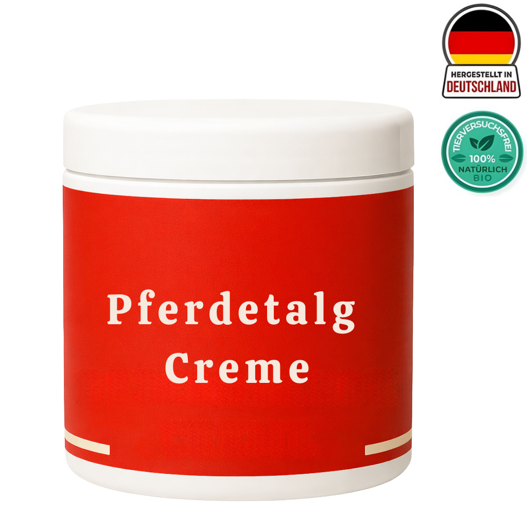 Pferdetalg Creme in einem rot-weißen Behälter, entwickelt für weiche und gepflegte Haut.