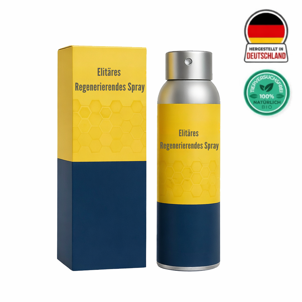 Elitäres Regenerierendes Spray in einer gelben und blauen Verpackung, hergestellt in Deutschland.