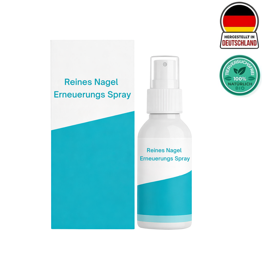 Reines Nagel Erneuerungsspray in Flasche und Verpackung, pflegt die Haut rund um die Nägel, 100% natürlich.