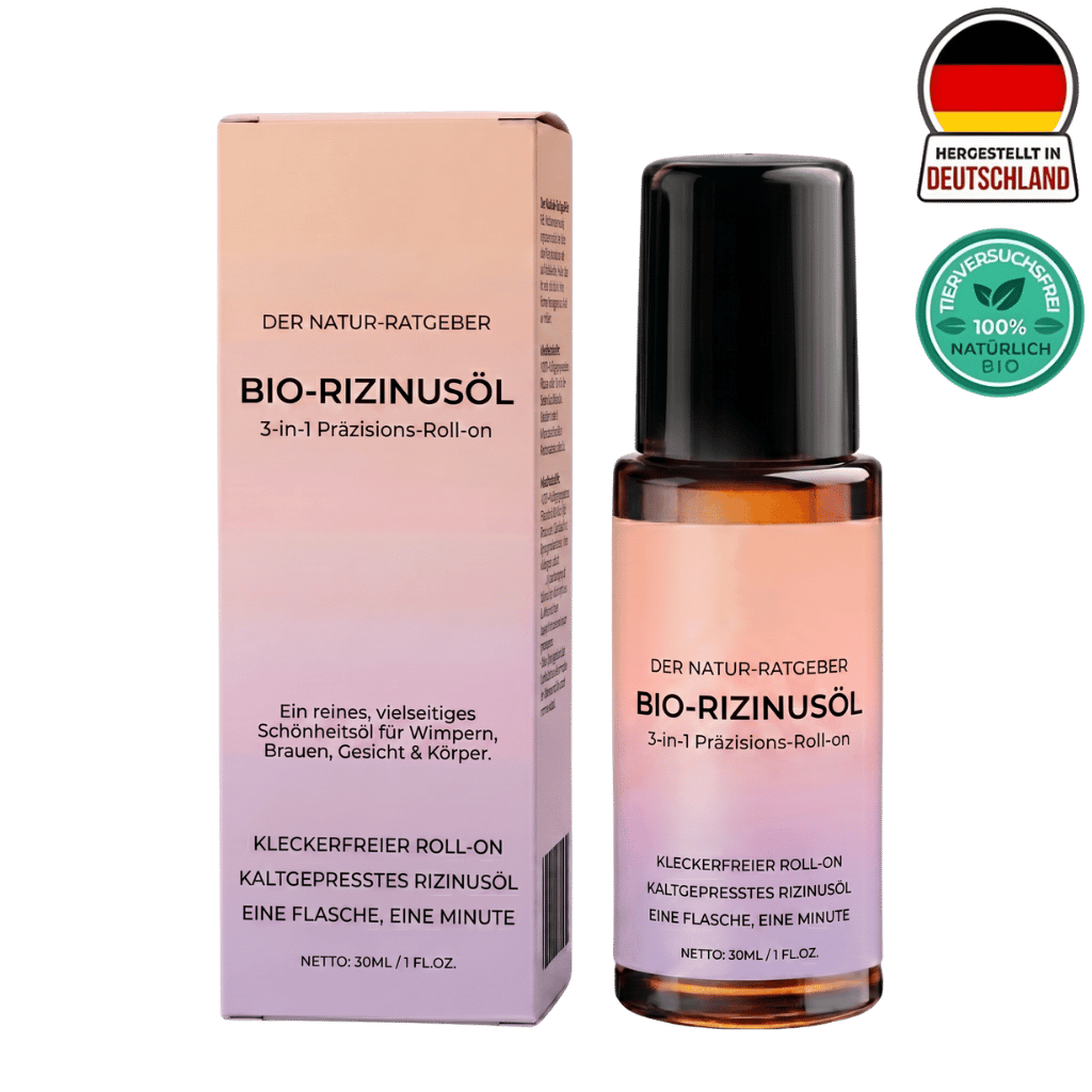 Premium Bio-Rizinusöl Roll-On in einer eleganten Flasche, ideal für die tägliche Hautpflege.