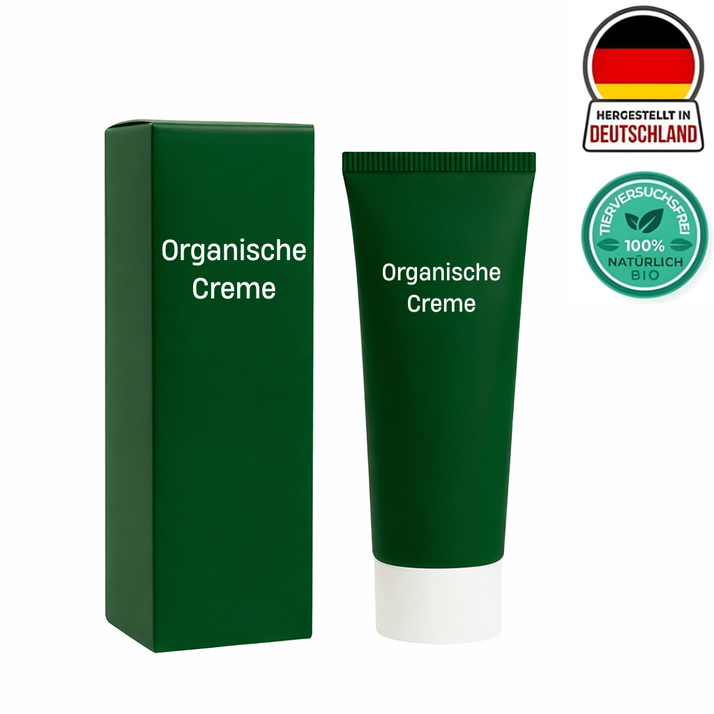 Organische Creme in grüner Verpackung mit Tube, ideal für tägliche Hautpflege und Selbstfürsorge.