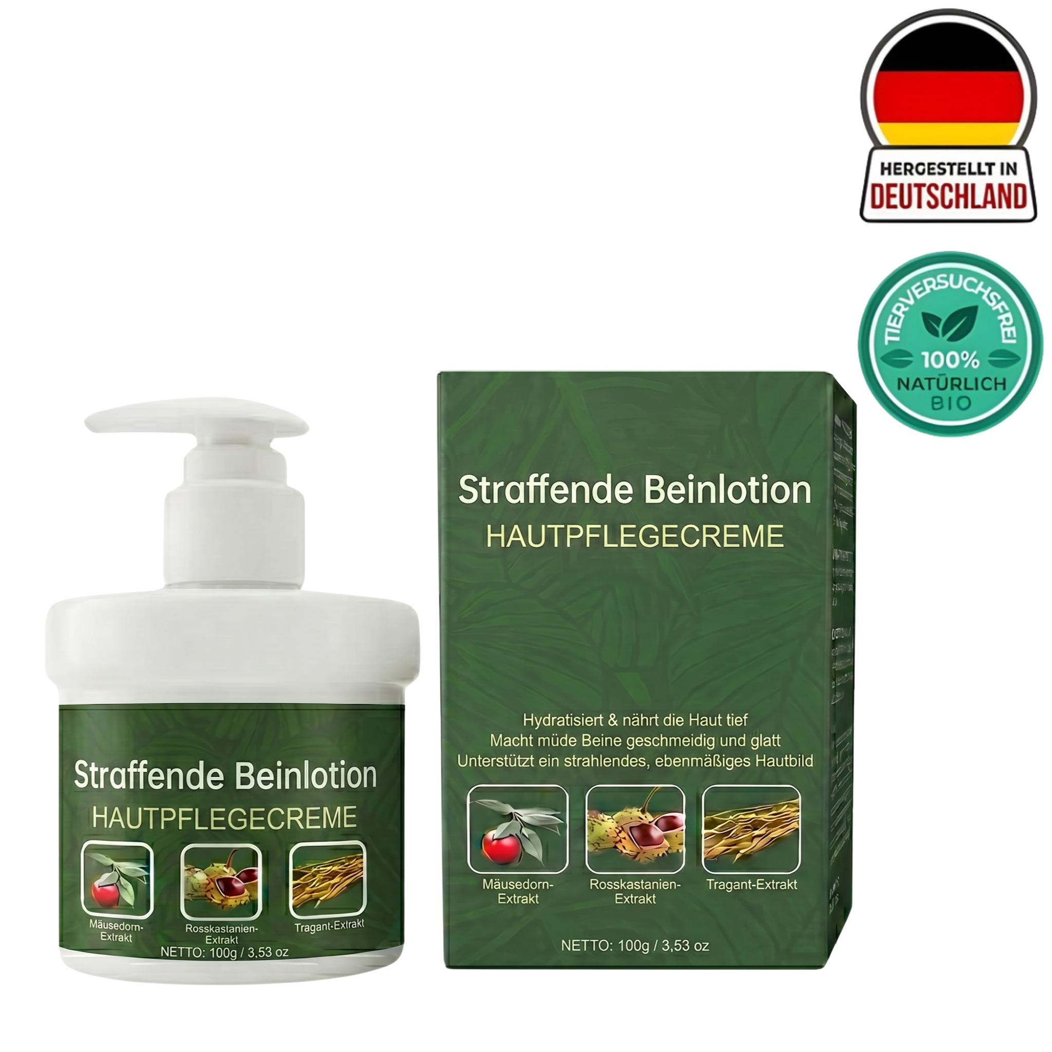 Straffende Beinlotion in Flasche und Verpackung, effektiv für straffere, glattere Haut, enthält natürliche Inhaltsstoffe.