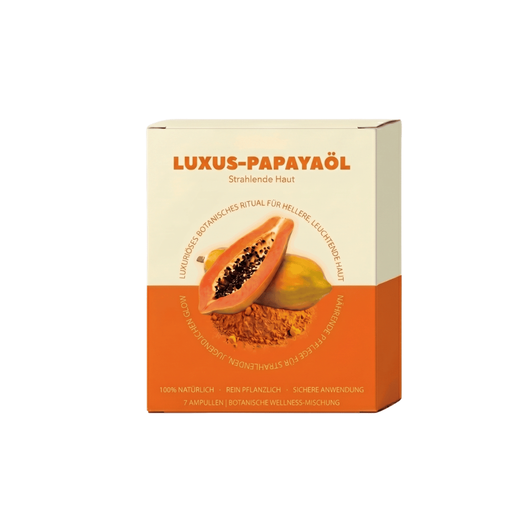 Luxus-Papayaöl Verpackung für strahlende Haut mit Papaya und reiner pflanzlicher Formel.