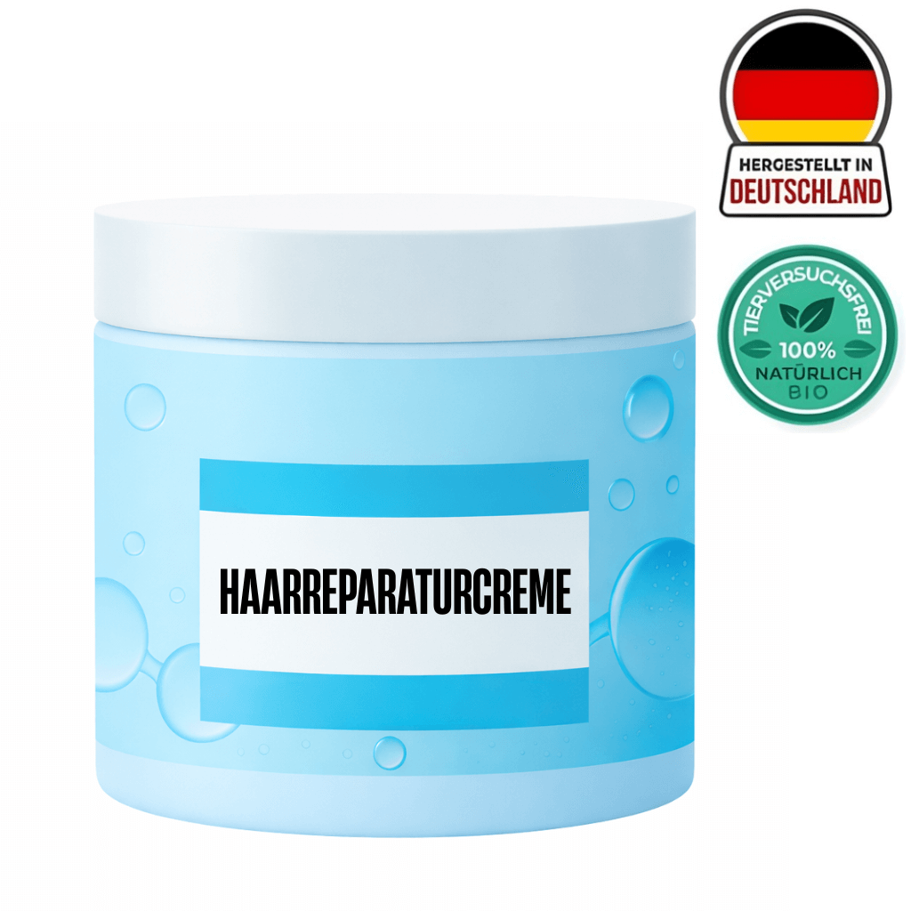 Haarreparaturcreme in blauer Dose, hergestellt in Deutschland, 100% natürlich und tierversuchsfrei.