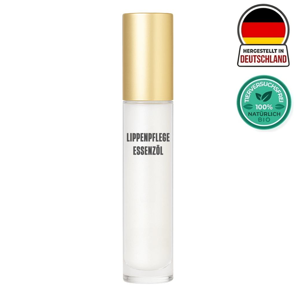 Lippenpflege-Essenzöl in transparenter Flasche mit goldenem Deckel, hergestellt in Deutschland.