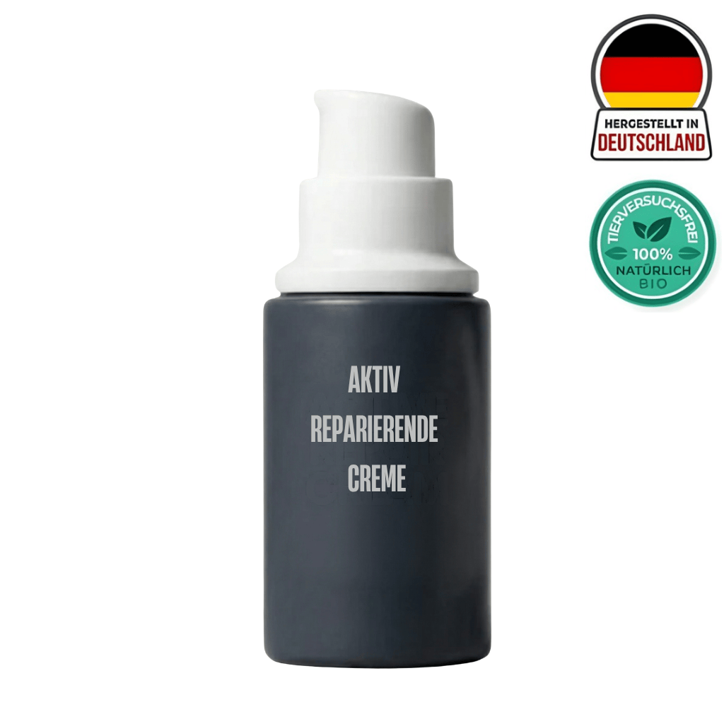 Aktiv reparierende Creme in einem praktischen Pumpspender, ideal für Bart und Hautpflege.