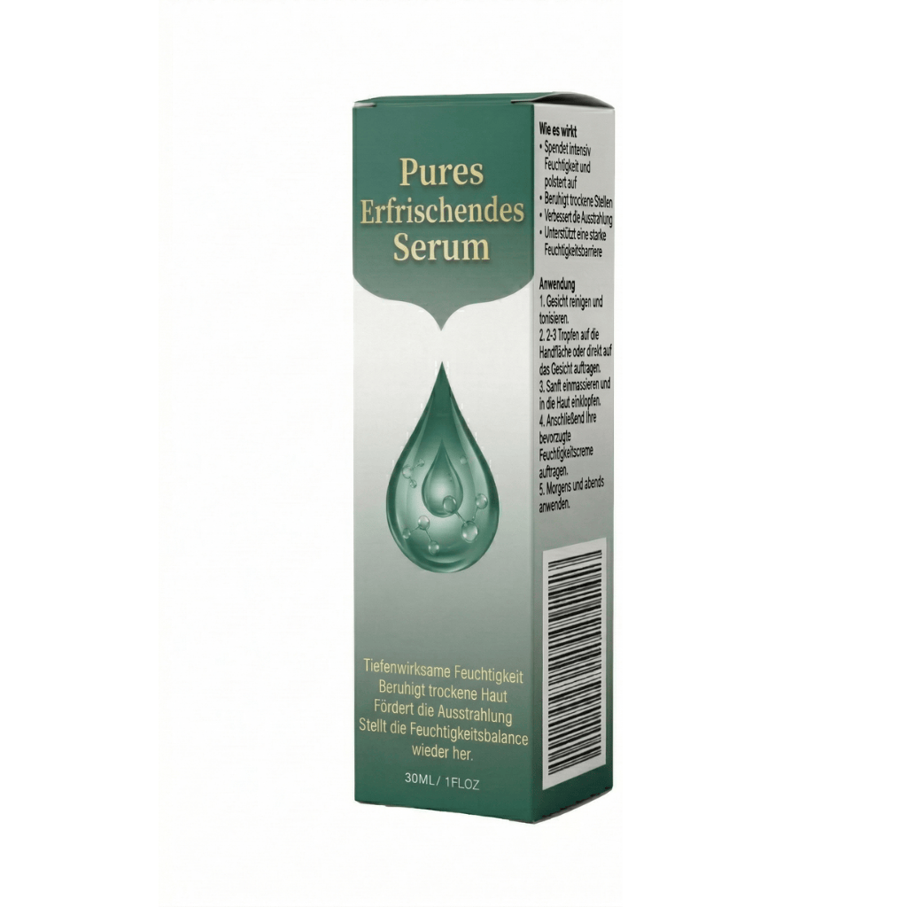 Premium Erfrischungsserum in Verpackung mit hydrierendem Tropfen-Design für frische, glatte Haut.