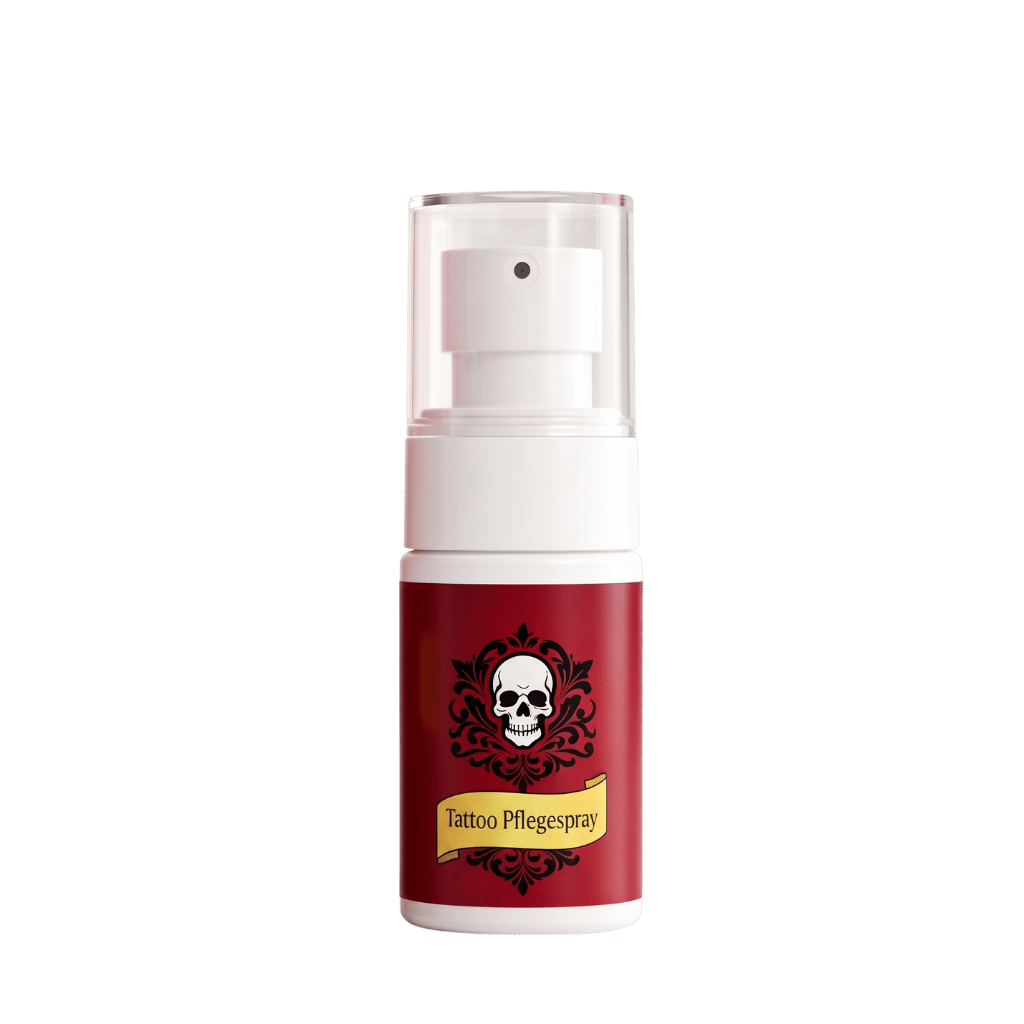 Tattoo Pflegespray in einer praktischen Sprühflasche zur täglichen Pflege tätowierter Haut.
